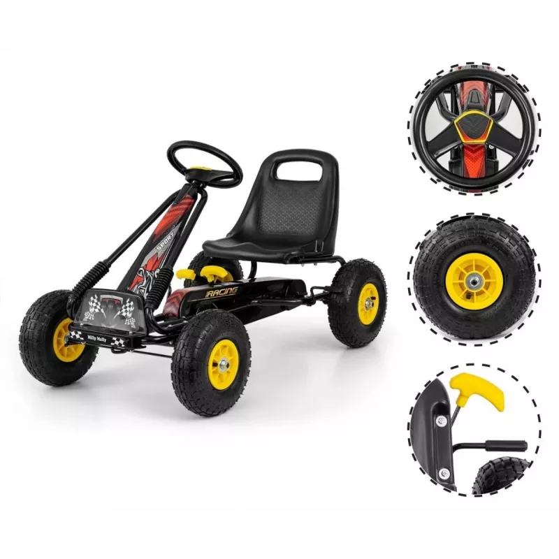 MILLY MALLY Pedāļu Go-Kart Thor Melns, Tērauda Rāmis, EVA Putu Riteņi, Rokas Bremze, Uz Priekšu/Atpakaļ, Bērniem 3-8 Gadi, Maks. Slodze 30 kg