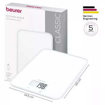 Beurer KS 19 Pure White digitālie virtuves svari ar sensoru skārienpogām, 5 kg ietilpība, 1 g gradācija, taras funkcija, LCD displejs