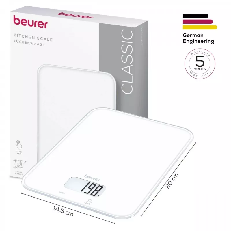 Beurer KS 19 Pure White digitālie virtuves svari ar sensoru skārienpogām, 5 kg ietilpība, 1 g gradācija, taras funkcija, LCD displejs