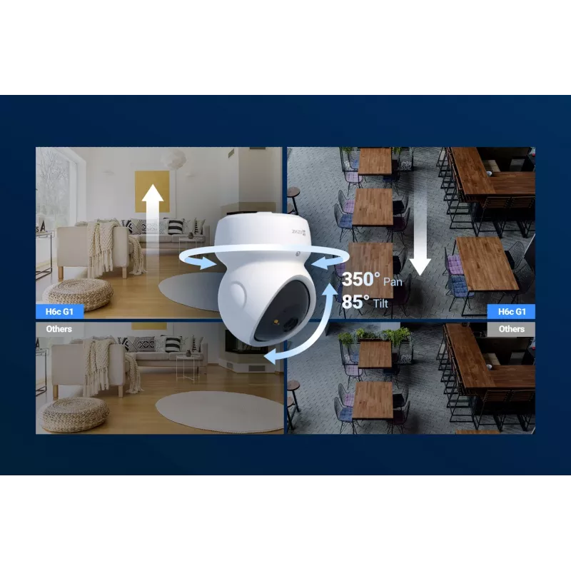 EZVIZ H6c G1 4K sfēriskā IP drošības kamera iekštelpām, 4K UHD, 3840x2160, Wi-Fi, Ethernet, nakts redzamība, divvirzienu audio, AI noteikšana, griestu/sienas/galda stiprinājums