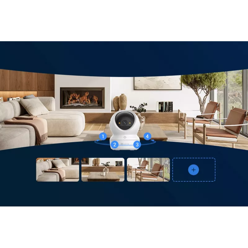 EZVIZ H6c G1 4K sfēriskā IP drošības kamera iekštelpām, 4K UHD, 3840x2160, Wi-Fi, Ethernet, nakts redzamība, divvirzienu audio, AI noteikšana, griestu/sienas/galda stiprinājums