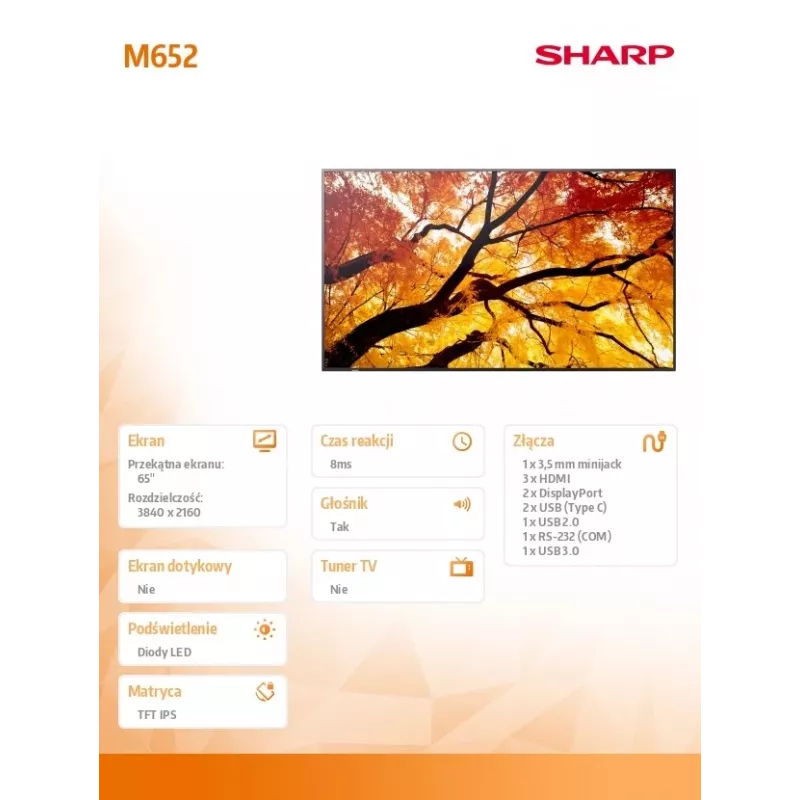 Sharp MultiSync M652 65 collu 4K UHD profesionālais displejs 550 cd/m² 24/7