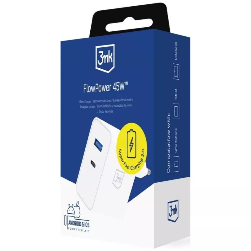 3MK FlowPower 45W PD 3.0 QC4+ GaN lādētājs balts