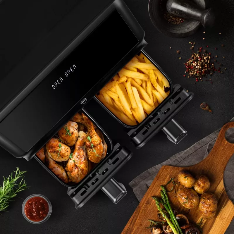 ELDOM FR210 DualCrisp dubultā gaisa fritētava, 2200 W, 8 L tilpums, LED displejs, melna