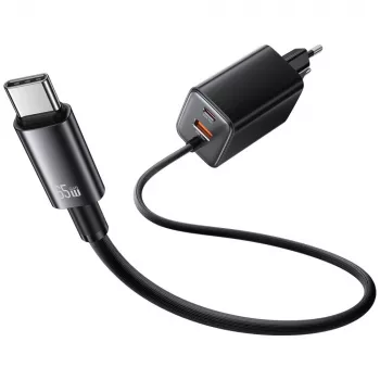 USAMS JC Series CC266 65W GaN ātrais lādētājs ar iebūvētu USB-C kabeli, melns