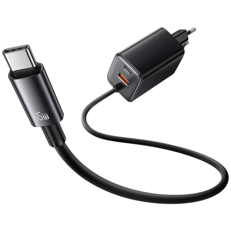 USAMS JC Series CC266 65W GaN ātrais lādētājs ar iebūvētu USB-C kabeli, melns