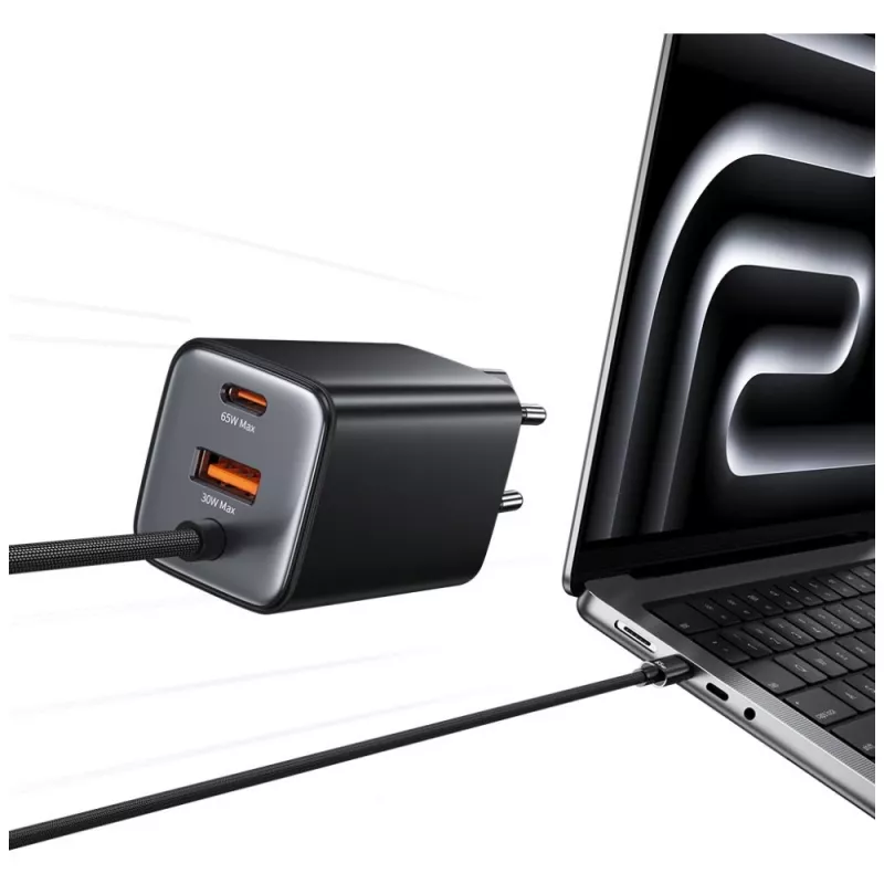 USAMS JC Series CC266 65W GaN ātrais lādētājs ar iebūvētu USB-C kabeli, melns