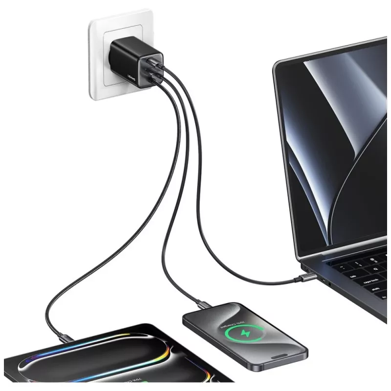 USAMS JC Series CC266 65W GaN ātrais lādētājs ar iebūvētu USB-C kabeli, melns
