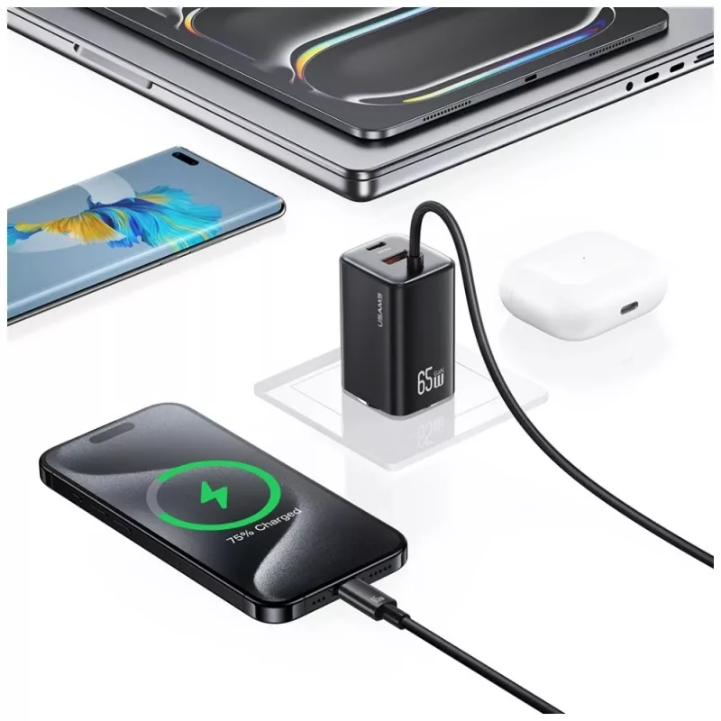 USAMS JC Series CC266 65W GaN ātrais lādētājs ar iebūvētu USB-C kabeli, melns
