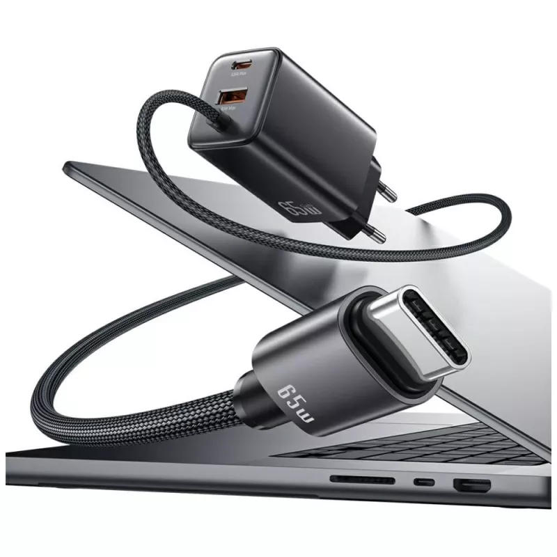 USAMS JC Series CC266 65W GaN ātrais lādētājs ar iebūvētu USB-C kabeli, melns