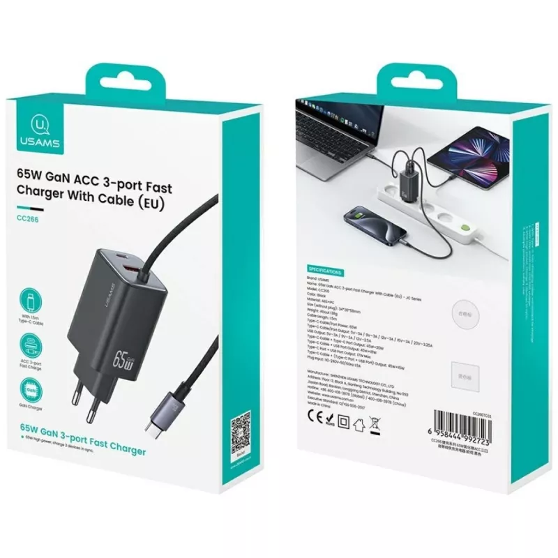USAMS JC Series CC266 65W GaN ātrais lādētājs ar iebūvētu USB-C kabeli, melns