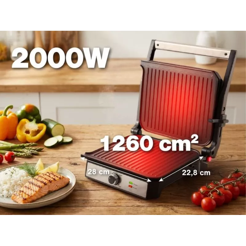 ELDOM GK200 GRILO Kontaktgrils 2000W Regulējams Termostats Nelīpošas Plāksnes Melns/Sudrabs