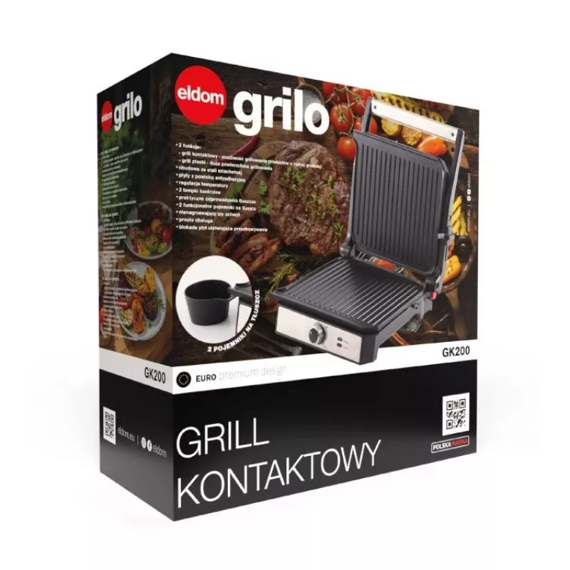 ELDOM GK200 GRILO Kontaktgrils 2000W Regulējams Termostats Nelīpošas Plāksnes Melns/Sudrabs