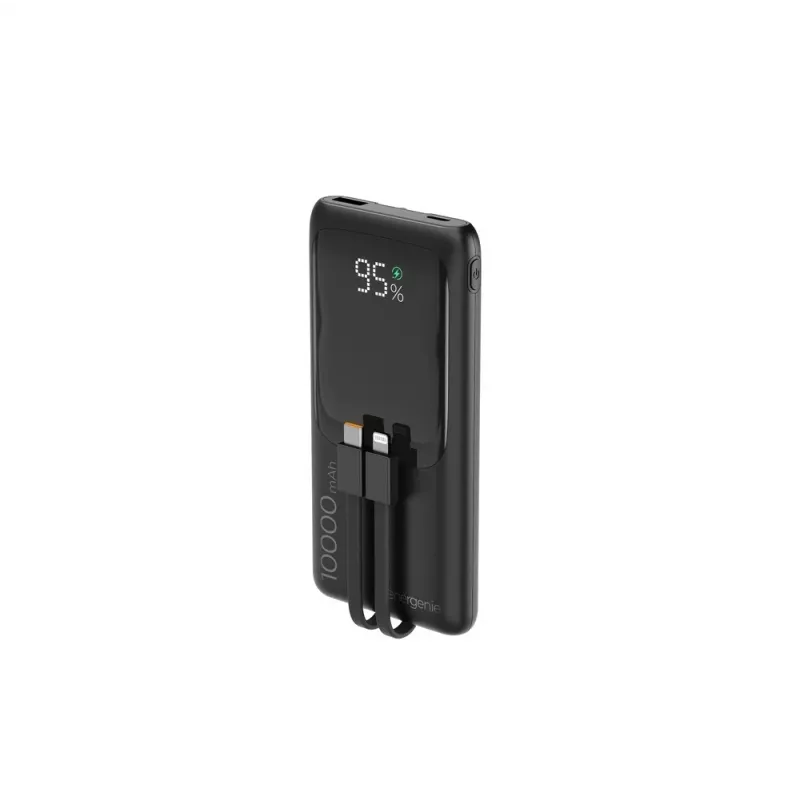 Gembird PB10-PD20-LCD-01 Fast Charging Power Bank ar integrētiem kabeļiem, 20W, 10000 mAh, melns