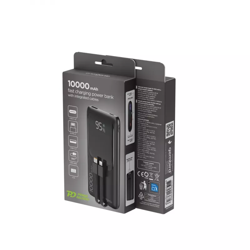 Gembird PB10-PD20-LCD-01 Fast Charging Power Bank ar integrētiem kabeļiem, 20W, 10000 mAh, melns