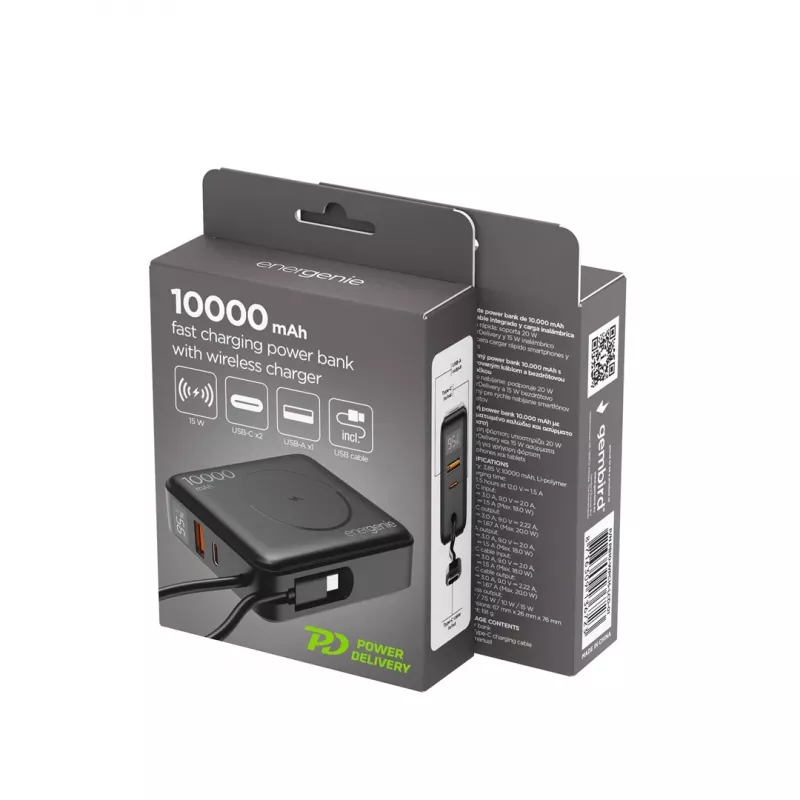 Gembird PB10-WPC15-LCD-01 Ātrās uzlādes Power Bank ar bezvadu lādētāju, 20W, 10000 mAh, Melns
