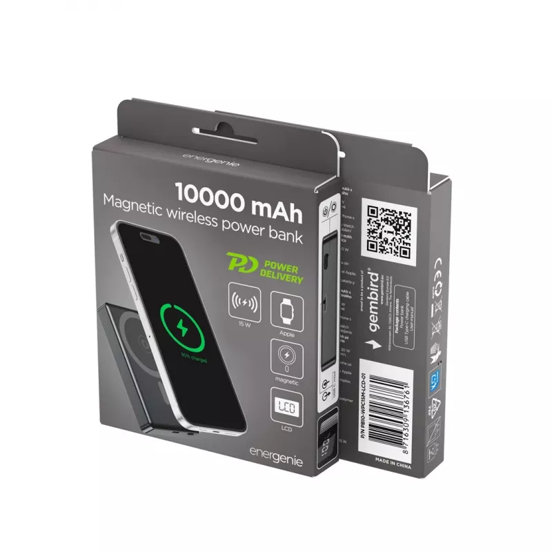 Gembird PB10-WPC15M-LCD-01 Magnētiskais bezvadu barošanas bloks ar LCD, 15W, 10000 mAh, Melns