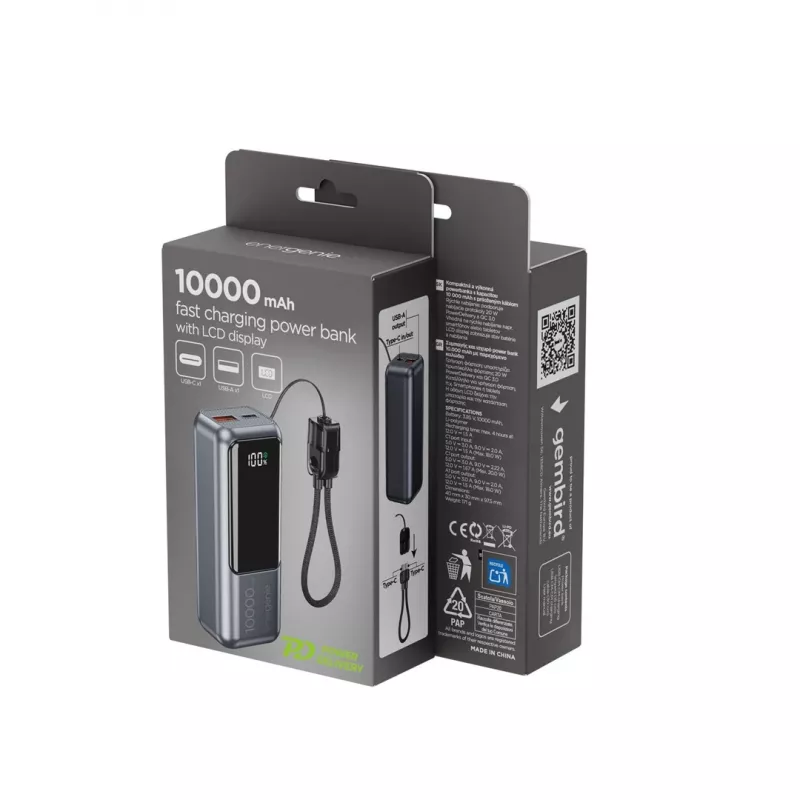 Gembird PB10-PD20-LCD-02 Kompakts ātrās uzlādes power bank ar LCD displeju, 20W, 10000 mAh, Space Grey