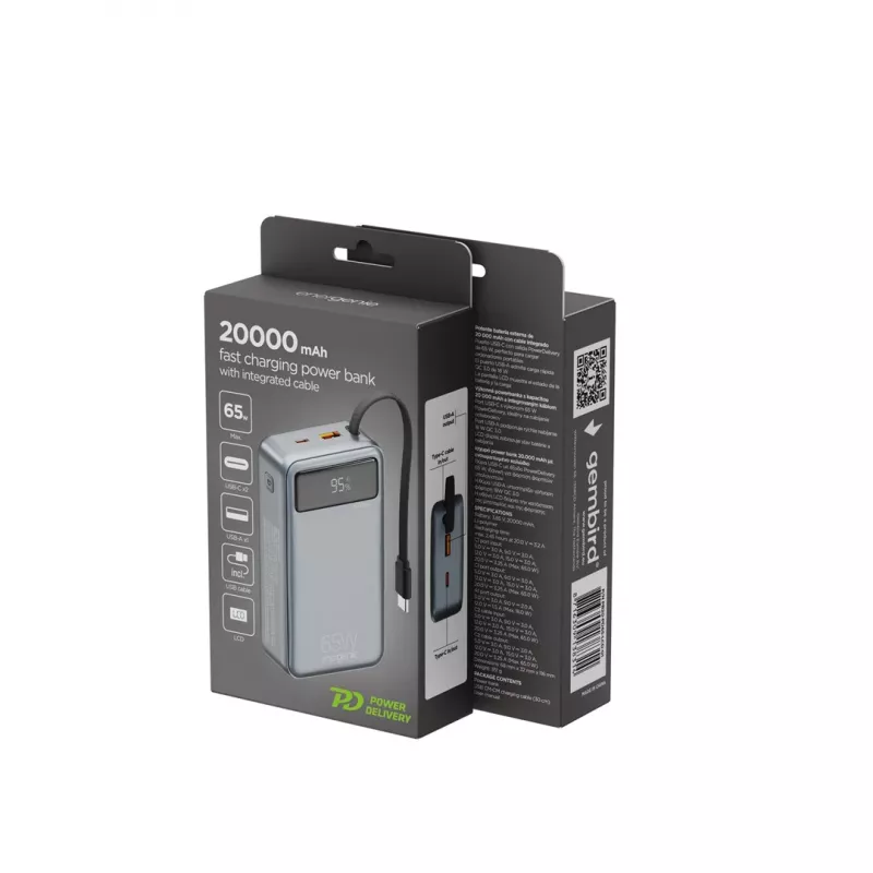 Gembird PB20-PD65-LCD-01 Fast Charging Power Bank ar integrētiem kabeļiem, 65W, 20000 mAh, Melns