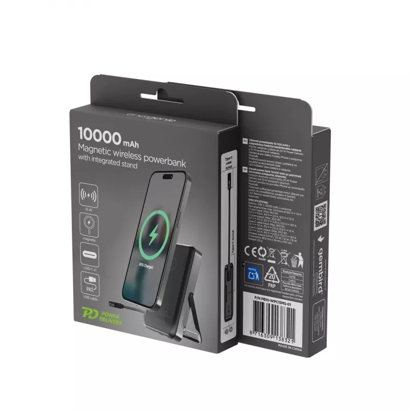 Gembird PB10-WPC15MS-01 Magnētiskais bezvadu barošanas bloks ar integrētu statīvu, 15W, 10000 mAh, Melns