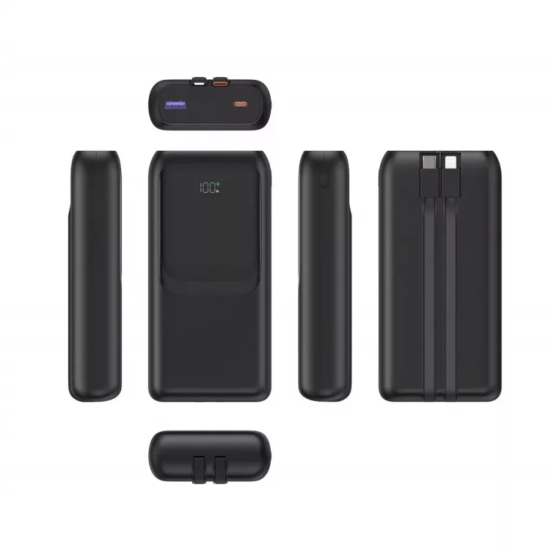 Gembird PB20-PD20-LCD-01 Ātrās uzlādes Power Bank ar integrētiem kabeļiem, 20W, 20000 mAh, Melns