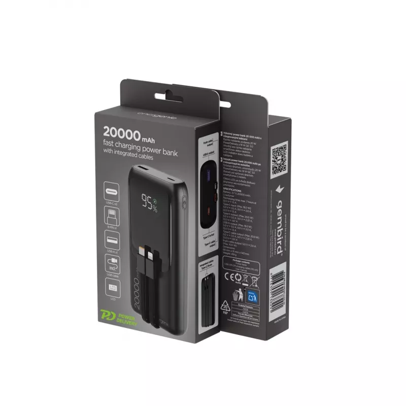 Gembird PB20-PD20-LCD-01 Ātrās uzlādes Power Bank ar integrētiem kabeļiem, 20W, 20000 mAh, Melns