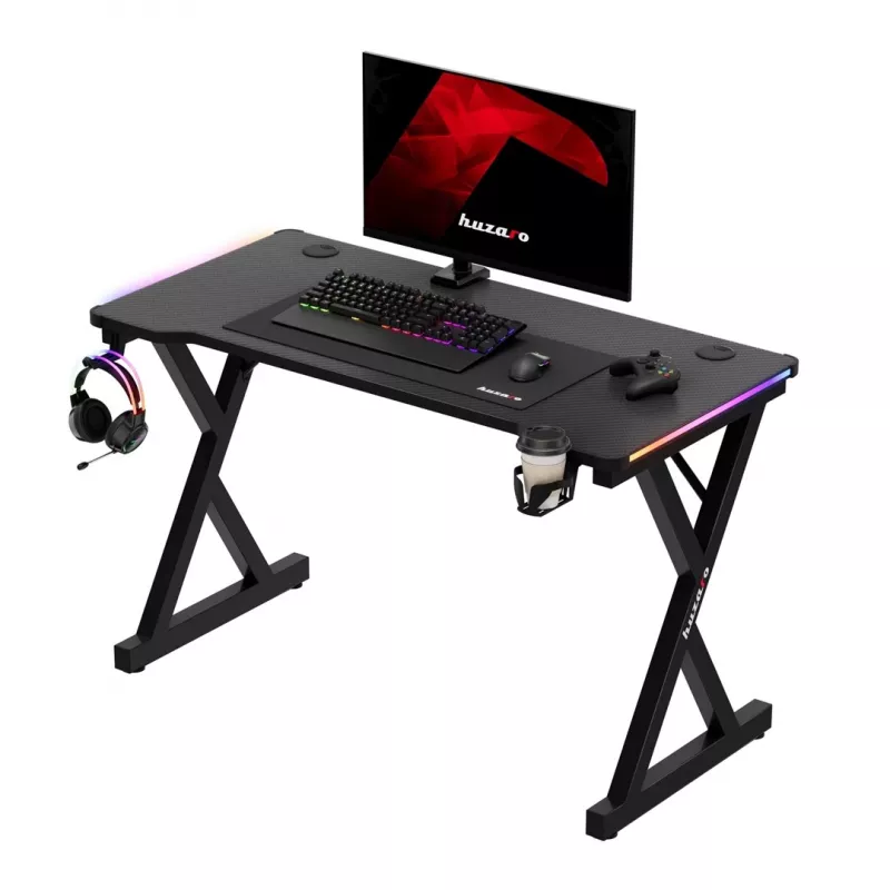 HUZARO Hero 2.3 RGB Gaming Desk - 1200x600mm, Melns, Carbon Flex, RGB LED, Fiksēts augstums