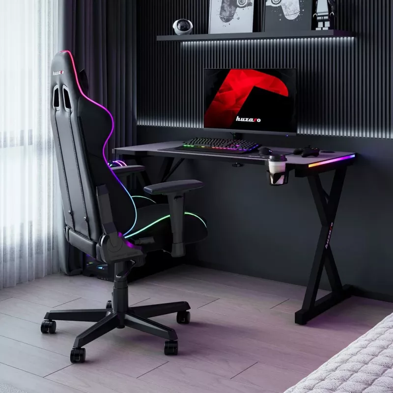 HUZARO Hero 2.3 RGB Gaming Desk - 1200x600mm, Melns, Carbon Flex, RGB LED, Fiksēts augstums