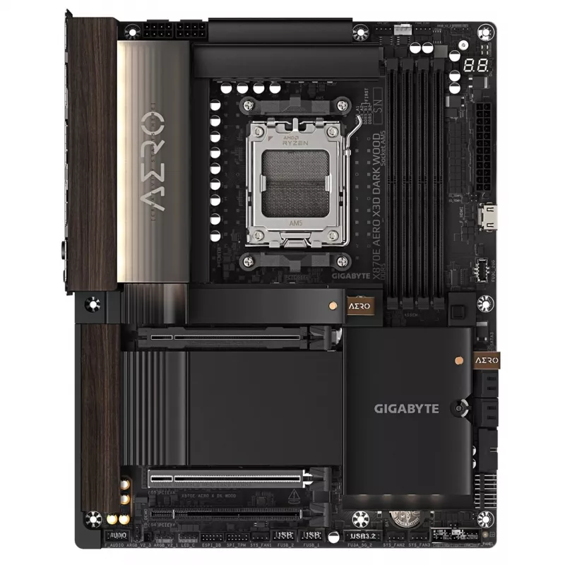 Gigabyte X870E AERO X3D DARK WOOD mātesplate - Atbalsta AMD Ryzen 9000 CPU, 16+2+2 fāžu digitālais VRM, līdz 9000 MHz DDR5 (OC), 2x PCIe 5.0 + 2x PCIe 4.0, Wi-Fi 7, 5GbE LAN, USB 4