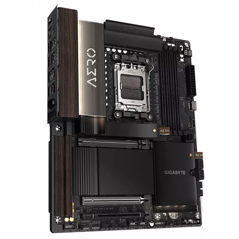 Gigabyte X870E AERO X3D DARK WOOD mātesplate - Atbalsta AMD Ryzen 9000 CPU, 16+2+2 fāžu digitālais VRM, līdz 9000 MHz DDR5 (OC), 2x PCIe 5.0 + 2x PCIe 4.0, Wi-Fi 7, 5GbE LAN, USB 4