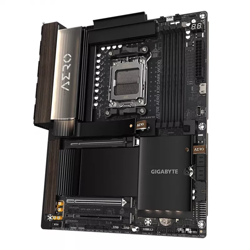 Gigabyte X870E AERO X3D DARK WOOD mātesplate - Atbalsta AMD Ryzen 9000 CPU, 16+2+2 fāžu digitālais VRM, līdz 9000 MHz DDR5 (OC), 2x PCIe 5.0 + 2x PCIe 4.0, Wi-Fi 7, 5GbE LAN, USB 4