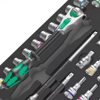 Wera 9722 C Zyklop 1/2 collu sprūdrata un uzgriežņu atslēgu komplekts, 31 daļa, putu ieliktnis darbnīcas ratiņiem, melns/pelēks