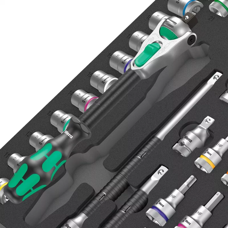 Wera 9722 C Zyklop 1/2 collu sprūdrata un uzgriežņu atslēgu komplekts, 31 daļa, putu ieliktnis darbnīcas ratiņiem, melns/pelēks