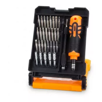 Synergy 21 25-in-1 Precīzijas skrūvgriežu komplekts ar uzgaļiem, pincetēm, atvēršanas instrumentiem, piesūcekni, SIM izņemšanas tapu, pagarinātājstieni, magnētiskajiem galiem, rotējošu vāciņu, S2 leģētā tērauda uzgaļiem, alumīnija rokturi, plastmasas futr
