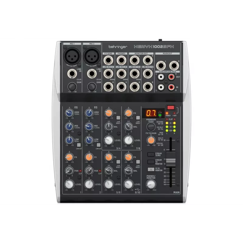 Behringer XENYX 1002SFX Audio Mikseris ar 10 ieejām, 2 XENYX mikrofona priekšpastiprinātājiem, 3 joslu ekvalaizeru, KLARK TEKNIK FX procesoru, 100 presetiem