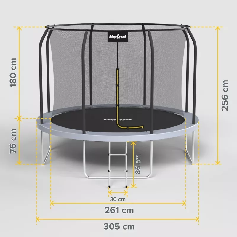 REBEL Active Trampoline PRO 10ft/305 cm ar drošības tīklu, Melns/Zils