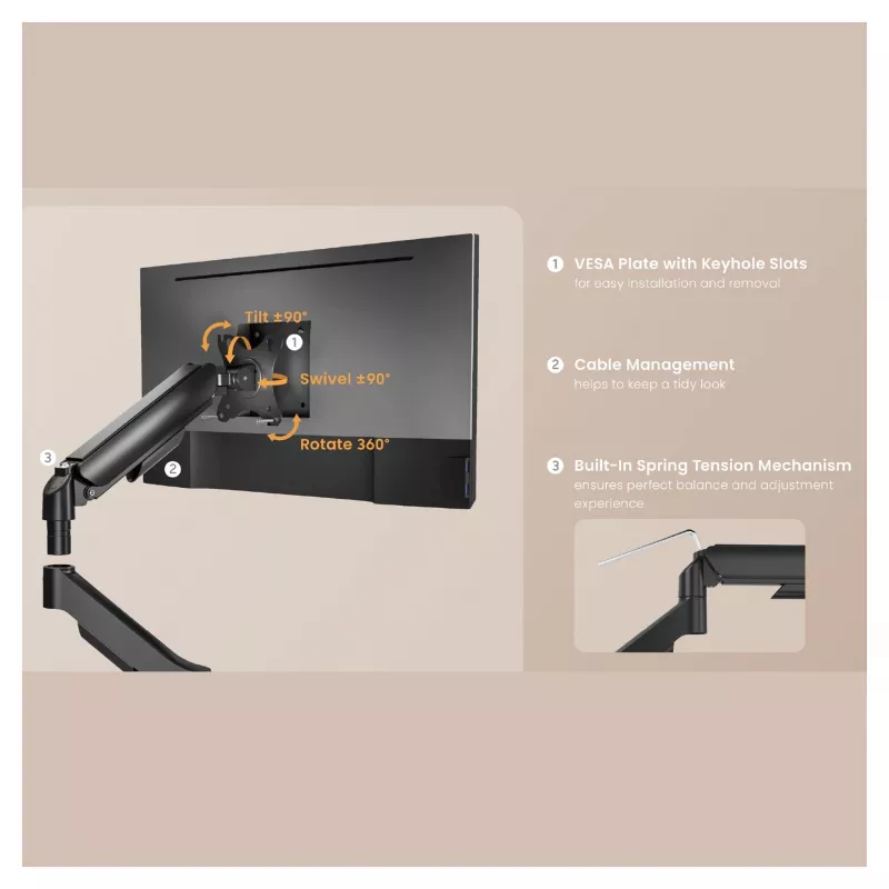 Equip Divu Monitoru Galda Stiprinājums 17-32 inch Ekrāniem, 360° Rotācija, Gāzes Atspere, 9 kg Ietilpība, Melns