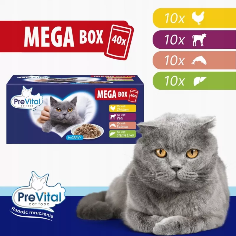PREVITAL Mega Box Teļa gaļa, lasis, aknas, vista - Slapjā kaķu barība - 40x100g