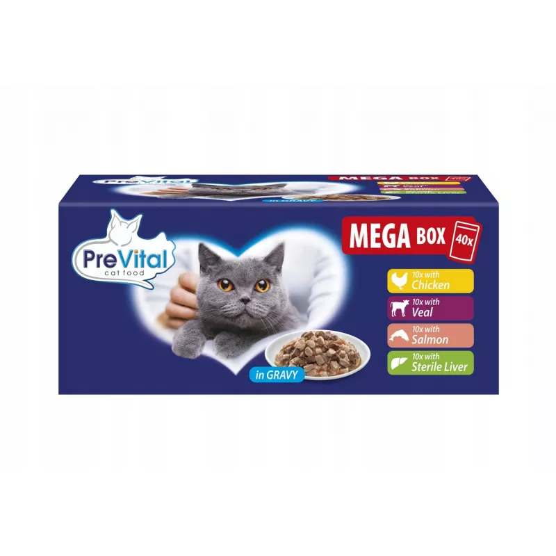 PREVITAL Mega Box Teļa gaļa, lasis, aknas, vista - Slapjā kaķu barība - 40x100g