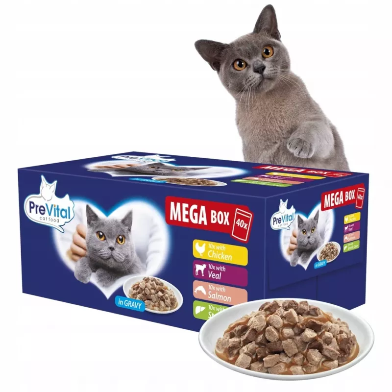 PREVITAL Mega Box Teļa gaļa, lasis, aknas, vista - Slapjā kaķu barība - 40x100g
