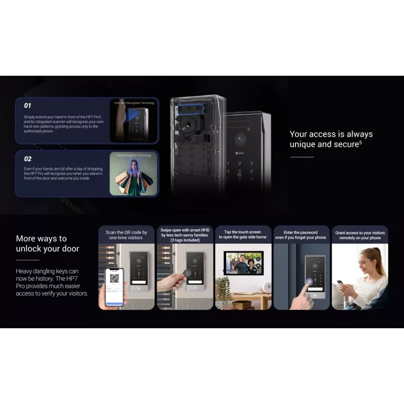 EZVIZ HP7 Pro 4K IP Video Intercom komplekts ar 7 collu skārienekrāna monitoru, Wi-Fi 6, plaukstu skeneri, sejas atpazīšanu, RFID, IP65 durvju staciju