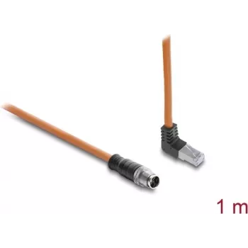 Delock M12 to RJ45 kabelis X-coded 8-pin vīriešu taisns pret vīriešu augšupvērstu leņķi S/FTP ekranēts Cat.6A 1 m oranžs