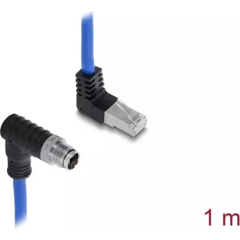 Delock M12 X-kodēts 8-pin vīrišķais leņķveida uz RJ45 vīrišķais augšleņķveida S/FTP Cat.6A rūpnieciskais Ethernet kabelis 1 m zils