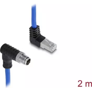 Delock M12 kabelis X-coded 8 kontaktu vīriešu lejupvērsts leņķis uz RJ45 vīriešu augšupvērsts leņķis S/FTP ekranēts 2 m zils (81012)