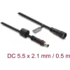 Delock DC pagarinājuma kabelis 5,5 x 2,1 mm spraudnis pret ligzdu ar M12 x 1,75 mm skrūvju fiksatoru ūdensizturīgs 18 AWG, 0,5 m melns