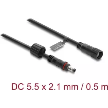 Delock DC pagarinājuma kabelis 5,5 x 2,1 mm spraudnis pret ligzdu ar M12 x 1,75 mm skrūvju fiksatoru ūdensizturīgs 18 AWG, 0,5 m melns