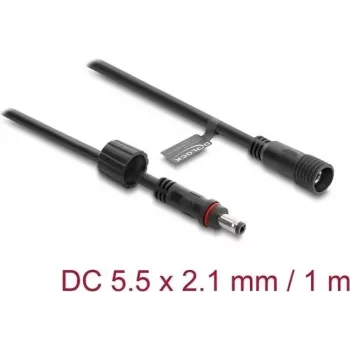 Delock DC pagarinājuma kabelis 5.5 x 2.1 mm spraudnis pret ligzdu ar skrūvju fiksatoru M12 x 1.75 mm vītne ūdensizturīgs 18 AWG, 1 m melns
