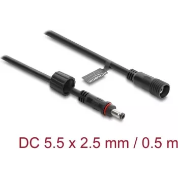 Delock pagarinājuma kabelis līdzstrāvai 5,5 x 2,5 mm vīrietis-sieviete ar skrūvju fiksāciju M12 x 1,75 mm vītne ūdensizturīgs 18 AWG, 0,5 m melns (67385)