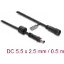 Delock pagarinājuma kabelis līdzstrāvai 5,5 x 2,5 mm vīrietis-sieviete ar skrūvju fiksāciju M12 x 1,75 mm vītne ūdensizturīgs 18 AWG, 0,5 m melns (67385)