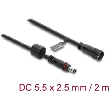 Delock DC pagarinājuma kabelis 5,5 x 2,5 mm spraudnis pret ligzdu ar skrūvju fiksatoru M12 x 1,75 mm vītne ūdensizturīgs 18 AWG, 2 m melns